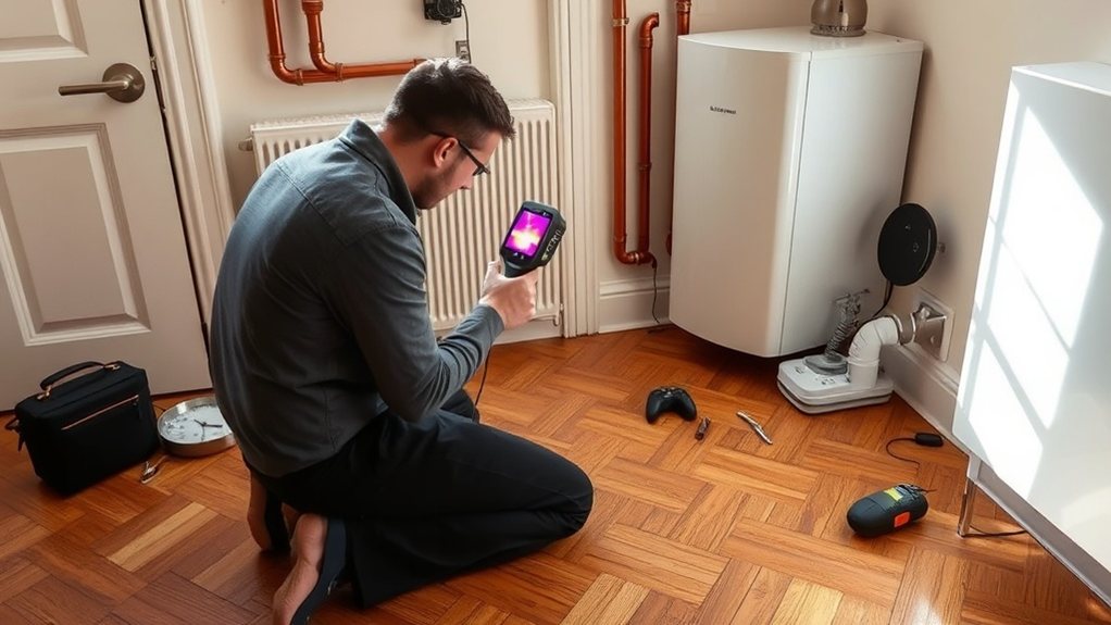 Engineer locating central heating leak using thermal imaging in Rotherhithe